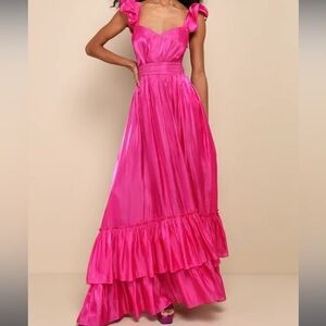 worn once. Pristine Glow Magenta Pink Ruffled Tie-Back Maxi Dress. size XS.